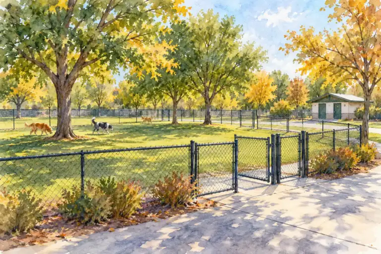 Parque canino cercado con césped, árboles maduros, un sendero pavimentado y perros explorando.