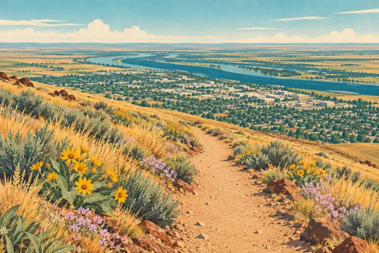 El sendero Canyon de Badger Mountain domina Richland y el río Columbia entre flores primaverales.