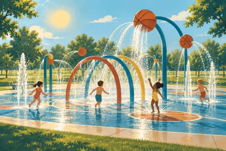Área de juegos acuáticos deportivos rodeada de césped en Badger Mountain Community Park.