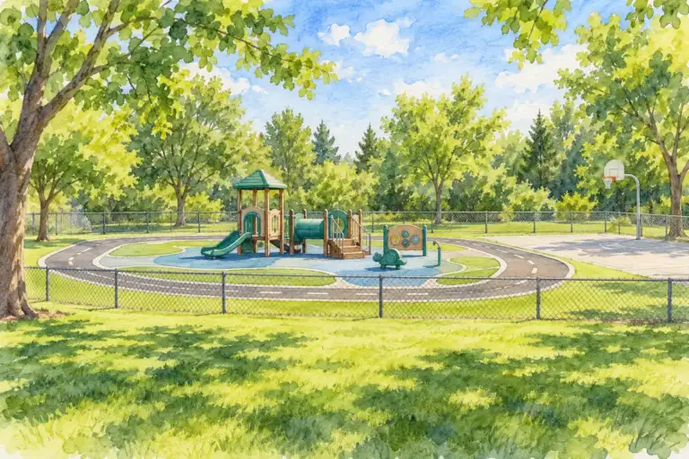 Área de juegos infantiles y circuito de Barth Park rodeados de césped, árboles y cercado.