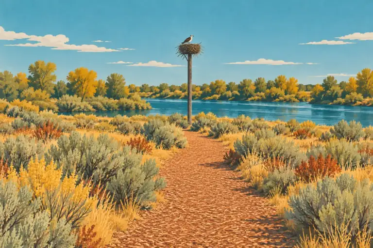 Artemisas y un sendero de astillas junto a un nido de águila pescadora sobre el Yakima.