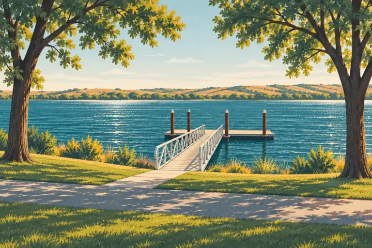 Muelle y sendero pavimentado de Chiawana Park junto al río Columbia en verano.