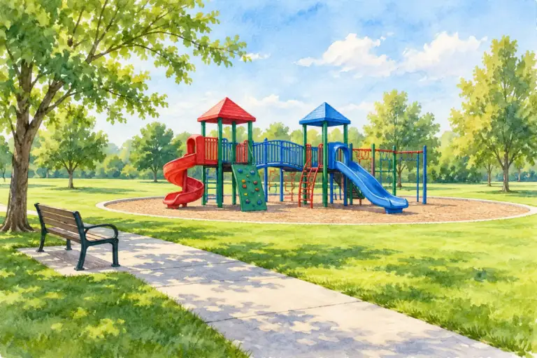 Juegos infantiles coloridos junto a un sendero de hormigón y césped en Claybell Park.