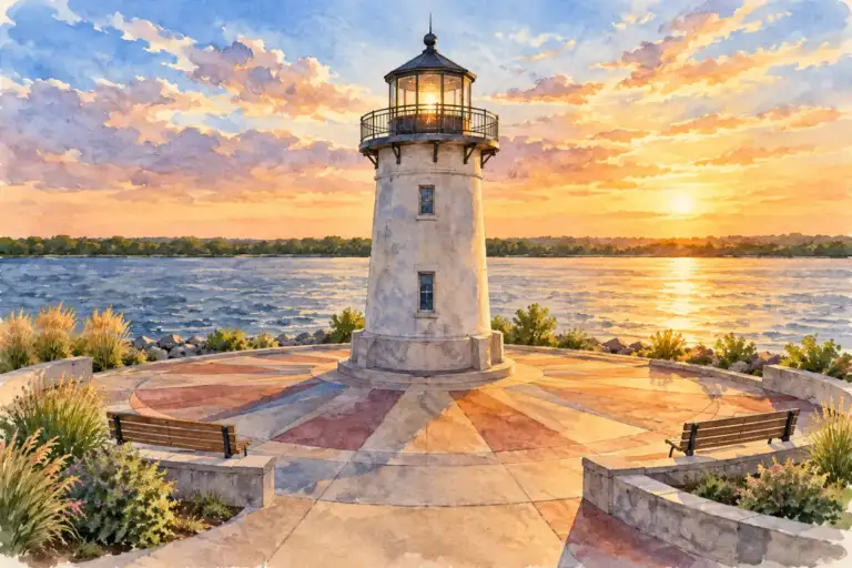 El faro de Clover Island y su plaza ajardinada junto al río Columbia en verano.