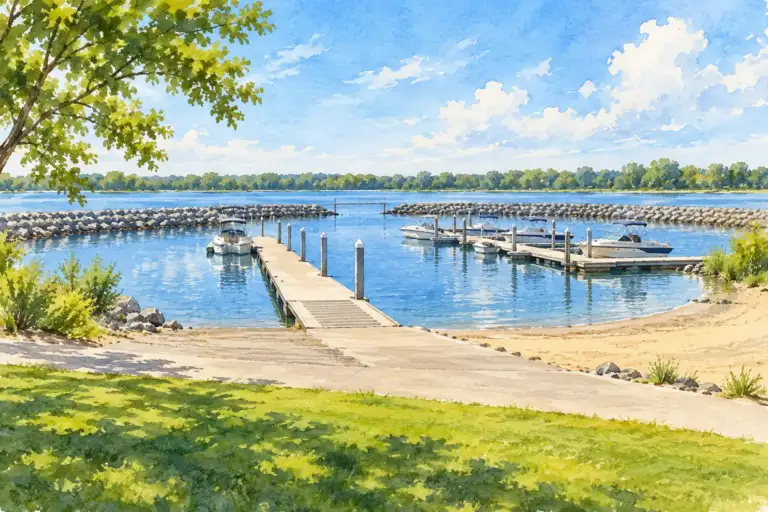 Rampa para barcos, muelles y orilla arenosa en Columbia Point Marina Park, Richland.