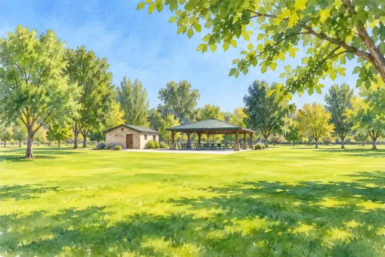 Campo de césped de Crawford Park con merendero cubierto, baños de color beige y árboles.