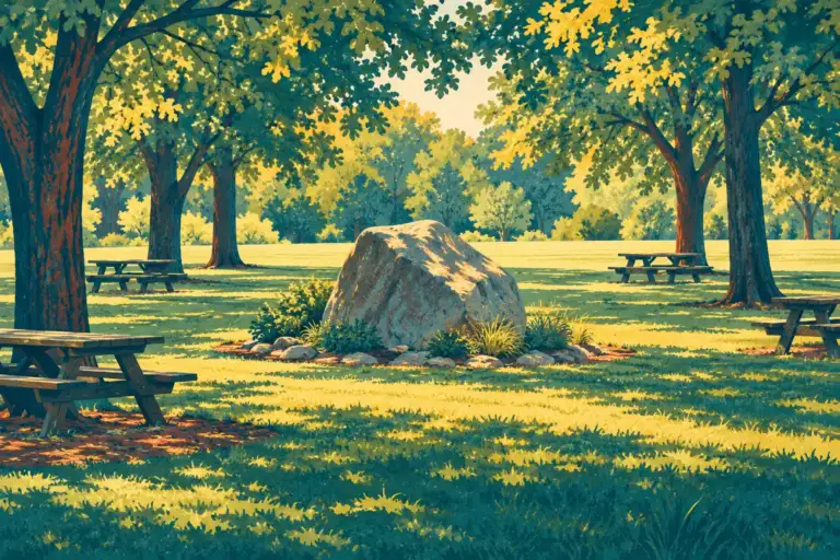 Roca conmemorativa entre césped sombreado y mesas de picnic en Farrand Park, Prosser.