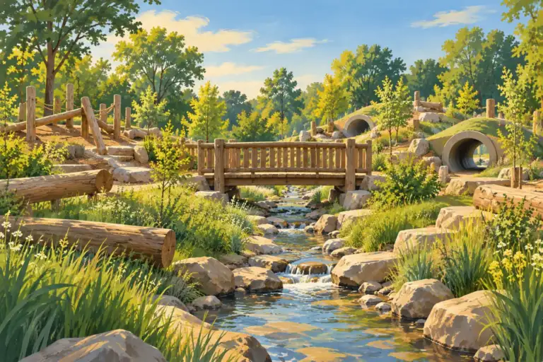 Puente, cauce y troncos para trepar en el parque Goethals durante el verano.