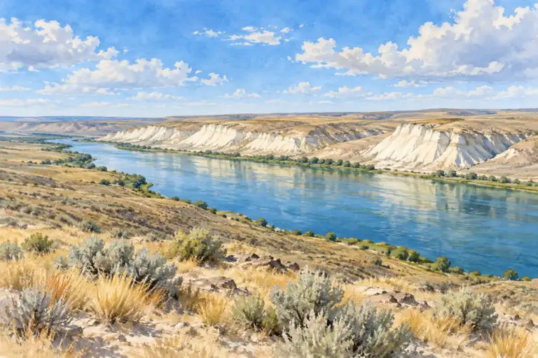 Los pálidos White Bluffs dominan el río Columbia entre artemisas y pastos secos estivales.