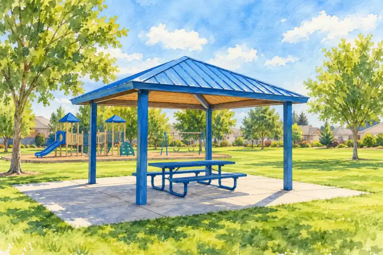 Refugio azul para pícnic junto al área de juegos y césped de Hansen Park.
