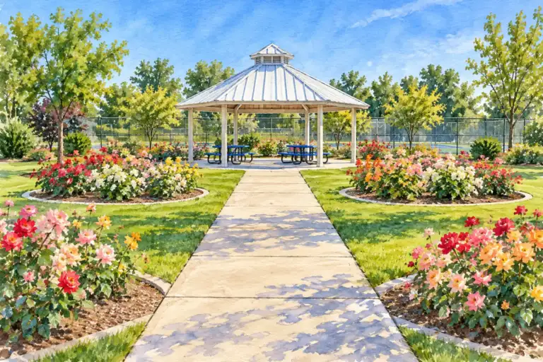 Cenador de techo blanco y rosales coloridos en Highlands Grange Park, Kennewick.