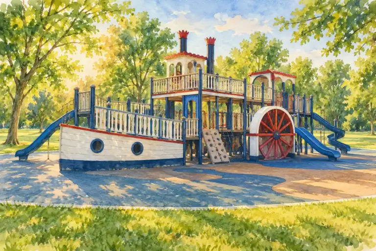Estructura de juegos de barco de ruedas entre césped y árboles en Howard Amon Park.