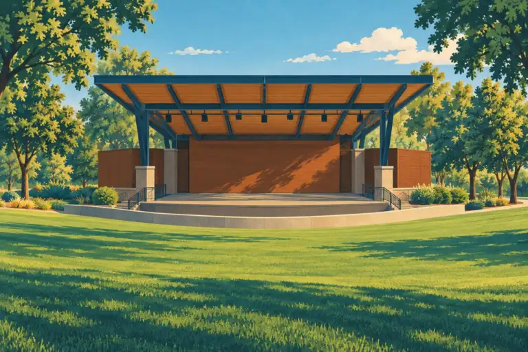 El escenario comunitario HAPO domina el anfiteatro de césped de John Dam Plaza en Richland.