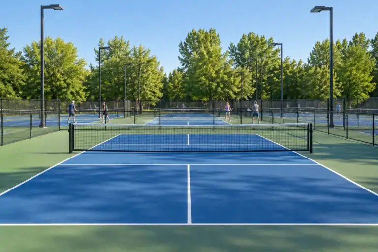 Canchas azules y verdes de pickleball en Lawrence Scott Park bajo árboles maduros.