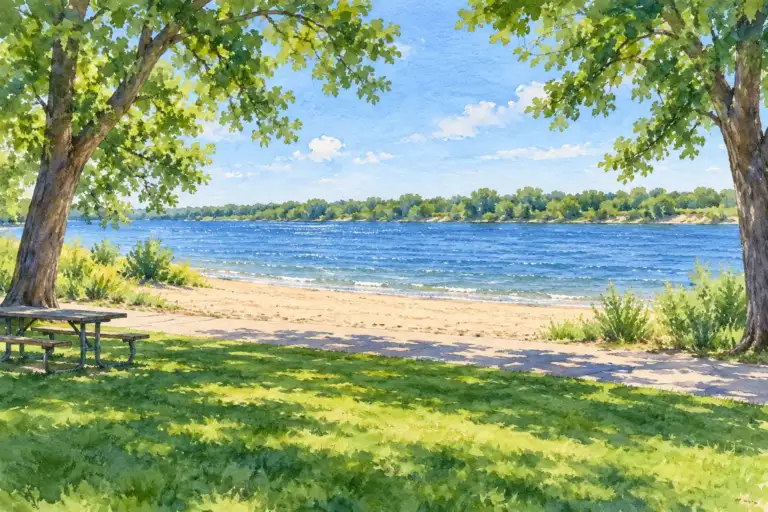 Playa de arena y césped sombreado junto al río Columbia en Leslie Groves Park.