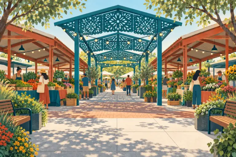 Puestos de productos agrícolas bajo paneles decorativos de sombra y pabellones del mercado en Pasco.