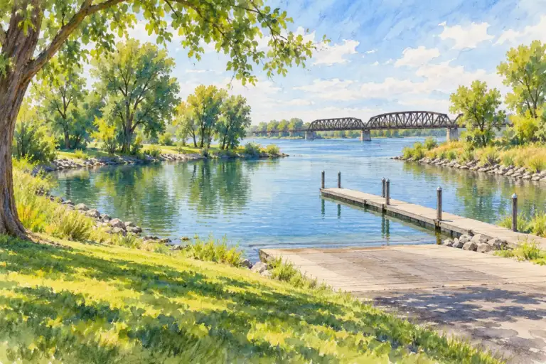 Laguna y muelle del parque histórico Sacajawea con un puente ferroviario al fondo.