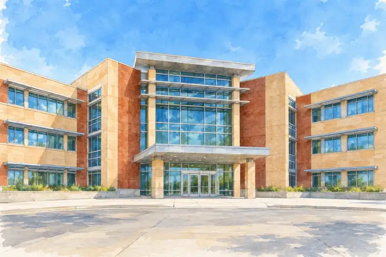 Three-story Pasco clinic with earth-toned panels, broad windows and a sheltered glass entrance.