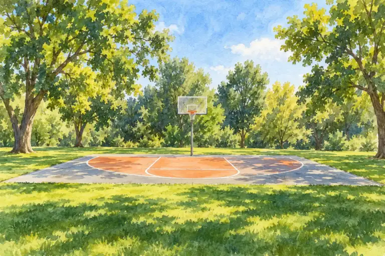 Cancha de baloncesto naranja y gris rodeada de césped y árboles frondosos en Underwood Park.
