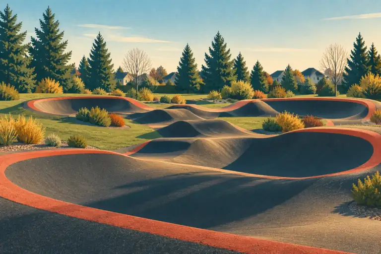 Circuito de asfalto negro con bordes rojos y árboles perennes en Vancouver Park.