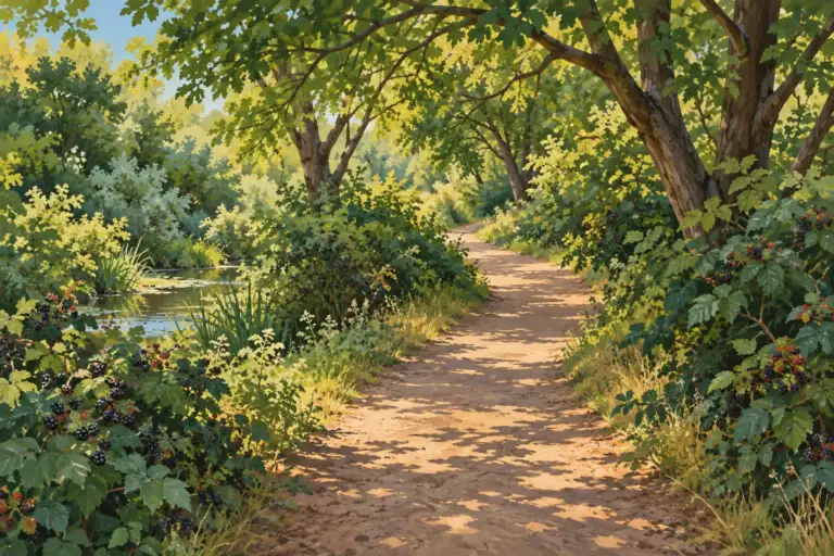 Sendero de tierra bajo árboles frondosos junto al arroyo en el cañón Zintel.