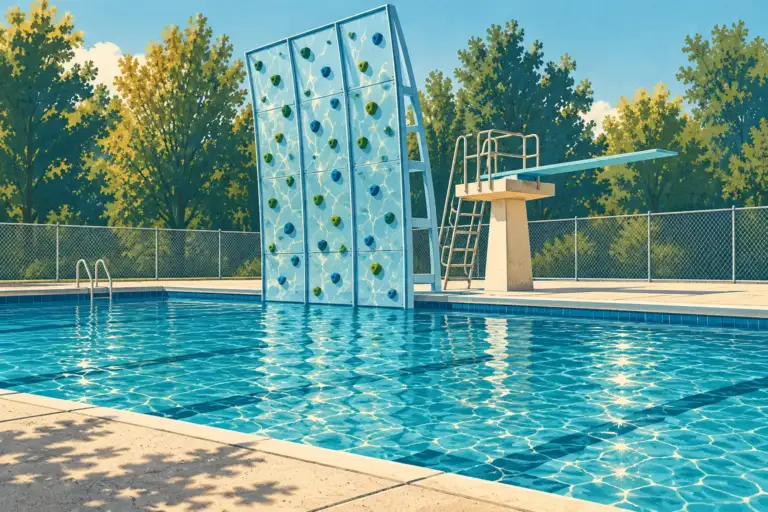 Blue pool water beside a translucent climbing wall and diving board in Kennewick.