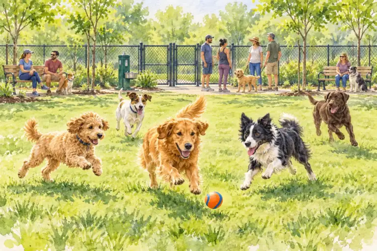 Perros jugando en un parque cercado para perros sin correa