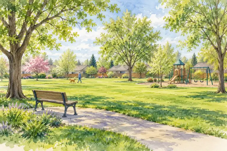 Césped de un parque de barrio con árboles de sombra, juegos infantiles y una banca