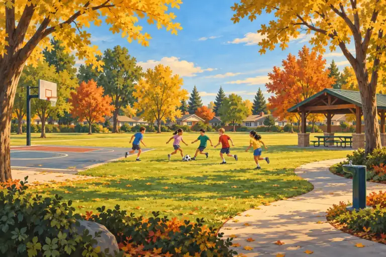 Parque de barrio en otoño con cancha de baloncesto, área de picnic cubierta y césped