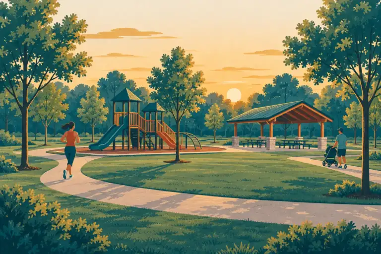 Parque de barrio con juegos infantiles, un área de picnic y un sendero