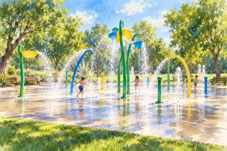 Colorful water sprayers splash across Columbia Park’s concrete play area beneath leafy trees.
